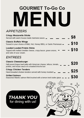 Custom Restaurant Menus Multiple Sizes Takeout