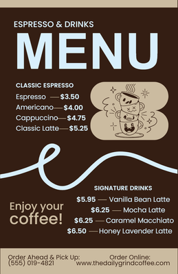 Custom Restaurant Menus Multiple Sizes Espresso Menu
