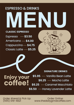 Custom Restaurant Menus Multiple Sizes Espresso Menu