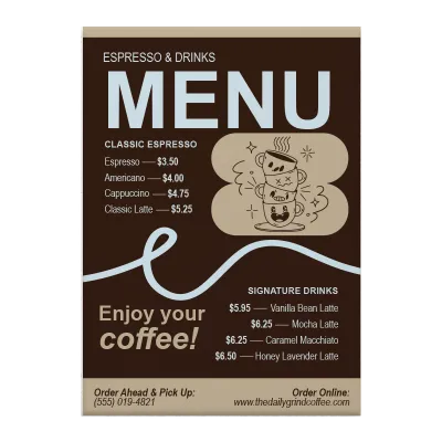 Custom Restaurant Menus Multiple Sizes Espresso Menu