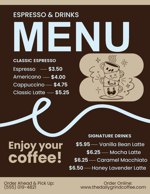 Custom Restaurant Menus Multiple Sizes Espresso Menu