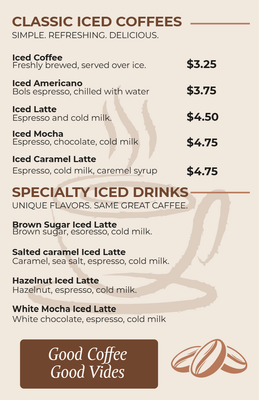 Custom Restaurant Menus Multiple Sizes Iced Coffee