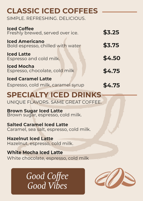 Custom Restaurant Menus Multiple Sizes Iced Coffee