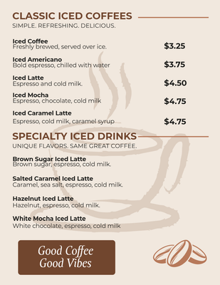 Custom Restaurant Menus Multiple Sizes Iced Coffee