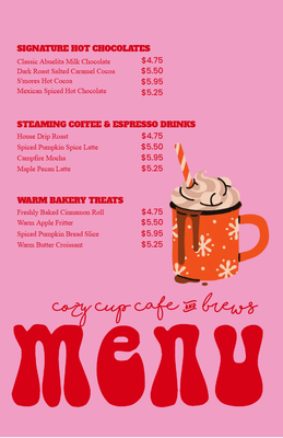 Custom Restaurant Menus Multiple Sizes Hot Drinks
