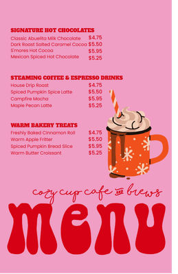 Custom Restaurant Menus Multiple Sizes Hot Drinks