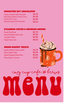 Custom Restaurant Menus Multiple Sizes Hot Drinks