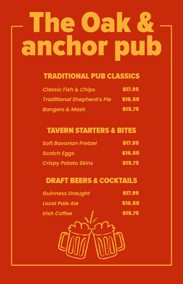 Custom Restaurant Menus Multiple Sizes Pub Classics