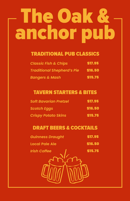 Custom Restaurant Menus Multiple Sizes Pub Classics