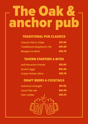 Custom Restaurant Menus Multiple Sizes Pub Classics