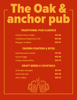 Custom Restaurant Menus Multiple Sizes Pub Classics