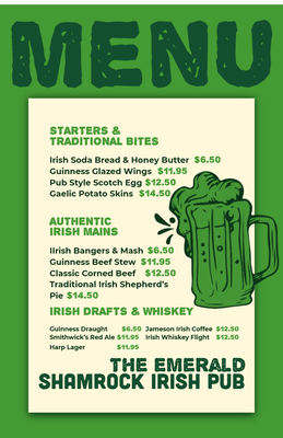 Custom Restaurant Menus Multiple Sizes Irish Pub
