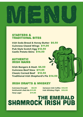Custom Restaurant Menus Multiple Sizes Irish Pub
