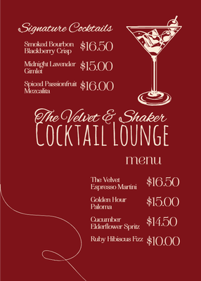 Custom Restaurant Menus Multiple Sizes Signature Cocktail