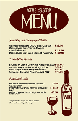 Custom Restaurant Menus Multiple Sizes Bottle Selection