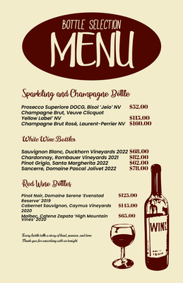 Custom Restaurant Menus Multiple Sizes Bottle Selection