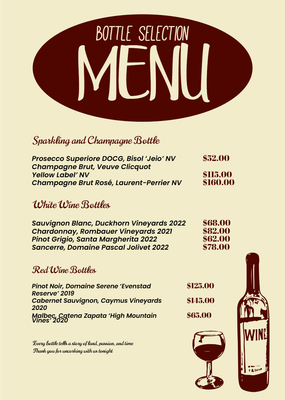 Custom Restaurant Menus Multiple Sizes Bottle Selection