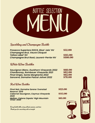 Custom Restaurant Menus Multiple Sizes Bottle Selection
