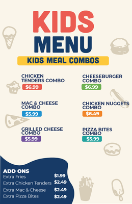 Custom Restaurant Menus Multiple Sizes Kids Meal Combos