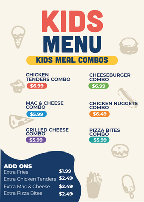 Custom Restaurant Menus Multiple Sizes Kids Meal Combos