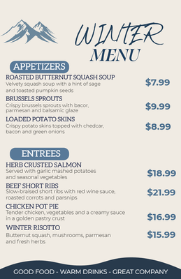 Custom Restaurant Menus Multiple Sizes Winter menu
