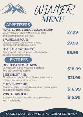 Custom Restaurant Menus Multiple Sizes Winter menu