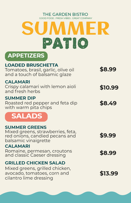 Custom Restaurant Menus Multiple Sizes Summer Patio
