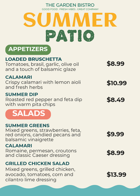 Custom Restaurant Menus Multiple Sizes Summer Patio