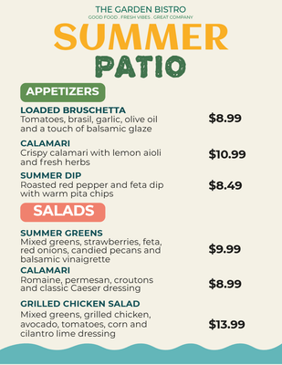 Custom Restaurant Menus Multiple Sizes Summer Patio